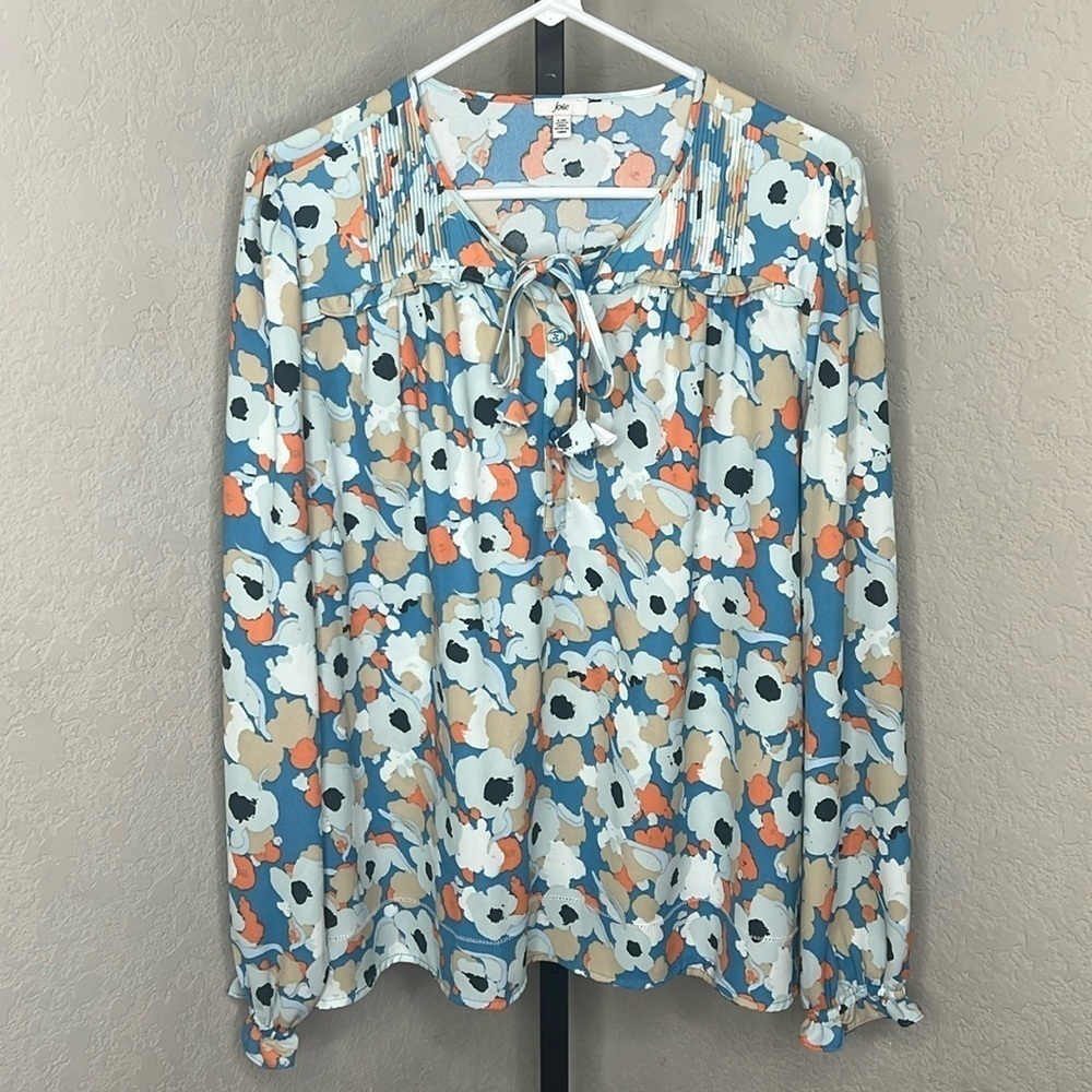 Joie Floral Tie-Neck Blouse in Blue, Cream, Coral